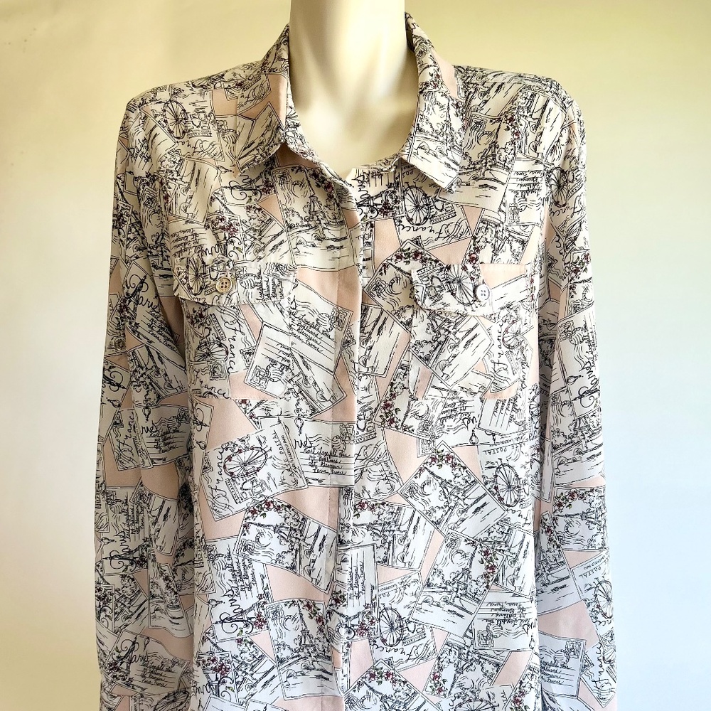 New Karl Lagerfeld Light Pink White Black Polyester Long Sleeve Blouse size L